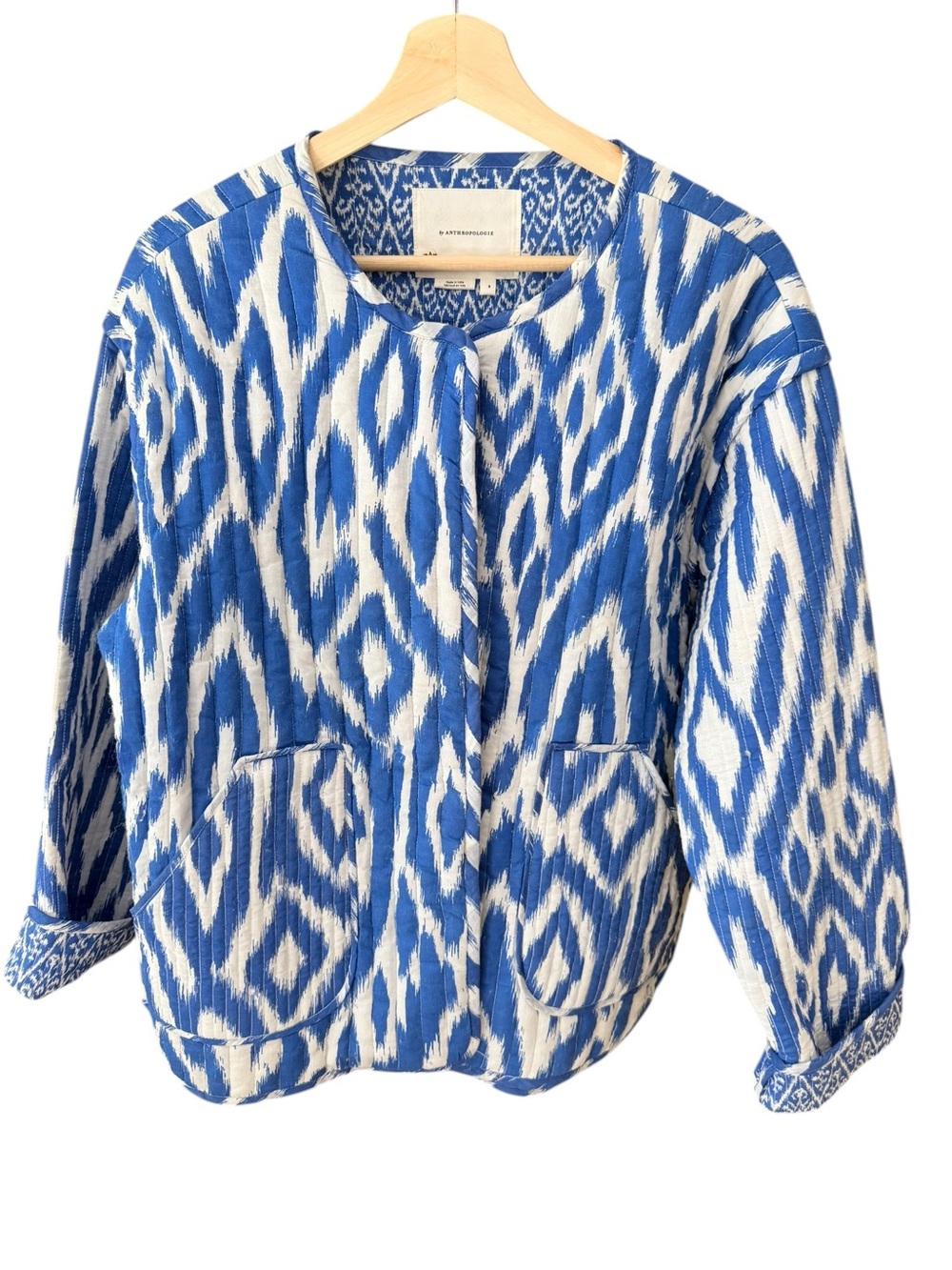 Anthropologie Nora Blue White Ikat Quilted Jacket Boho Size Small Dopamine
